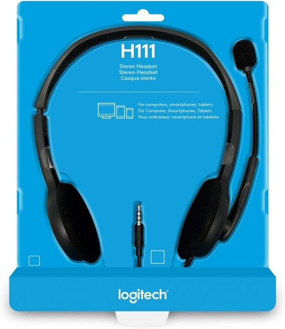 Logitech H111 Strereo Headset (Single 3.5mm Jack) Cable length: 7.71 ft (2.35 m) 2-Year Limited Hardware Warranty - Leader Electronics