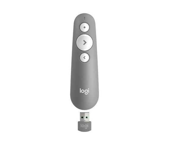 Logitech R500S Laser Presentation Remote with Dual Connectivity Bluetooth or USB 20m Range Red Laser Pointer for PowerPoint Keynote Mid Grey - Leader Electronics
