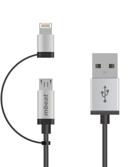 (LS) mbeat® 1m Lightning and Micro USB Data Cable - 2-in-1/Aluminmum Shell Crush-Proof/Nylon Braided/Silver/ Apple/Andriod Tablet Mobile Device - Leader Electronics