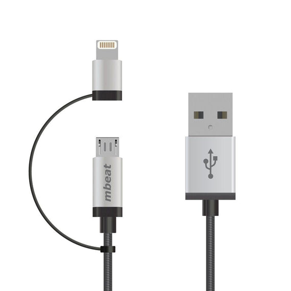 (LS) mbeat® 1m Lightning and Micro USB Data Cable - 2-in-1/Aluminmum Shell Crush-Proof/Nylon Braided/Silver/ Apple/Andriod Tablet Mobile Device - Leader Electronics