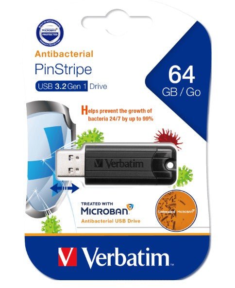 (LS)Verbatim 64GB Antibacterial Pinstripe USB 3.0 Drive (with Microban®) Black - Leader Electronics