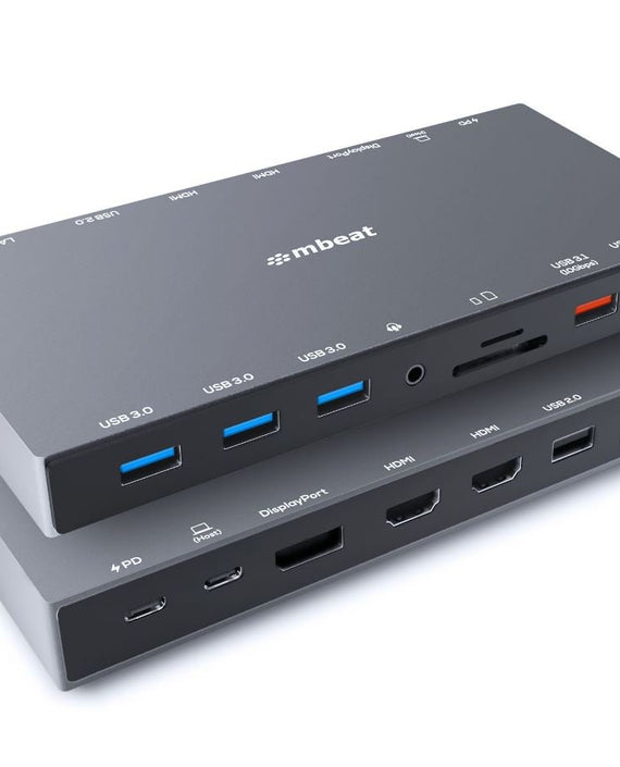 mbeat® 15-in-1 Triple Display USB-C Docking Station 2x HDMI 1x DP 1x 100W PD 3.0 1x USB-C 3.1 Gen2 3x USB 3.0 1x USB 3.1 Gen2 MicroSD/SD Card 1x 1Gb - Leader Electronics