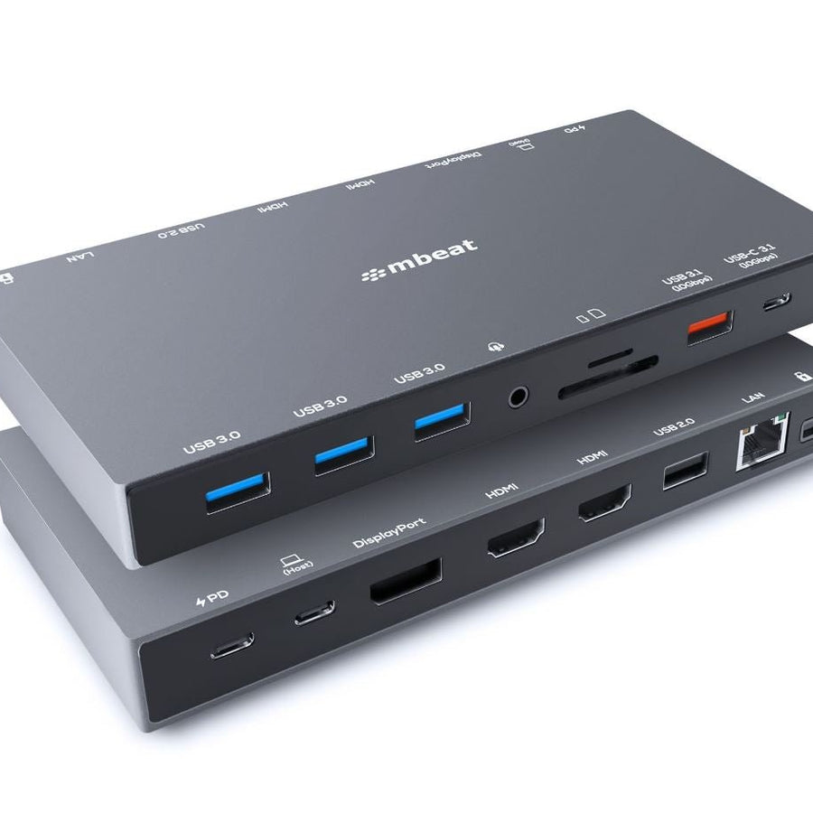 mbeat® 15-in-1 Triple Display USB-C Docking Station 2x HDMI 1x DP 1x 100W PD 3.0 1x USB-C 3.1 Gen2 3x USB 3.0 1x USB 3.1 Gen2 MicroSD/SD Card 1x 1Gb - Leader Electronics