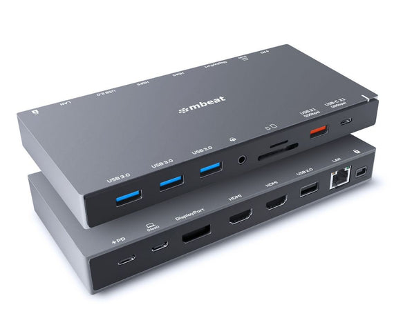 mbeat® 15-in-1 Triple Display USB-C Docking Station 2x HDMI 1x DP 1x 100W PD 3.0 1x USB-C 3.1 Gen2 3x USB 3.0 1x USB 3.1 Gen2 MicroSD/SD Card 1x 1Gb - Leader Electronics
