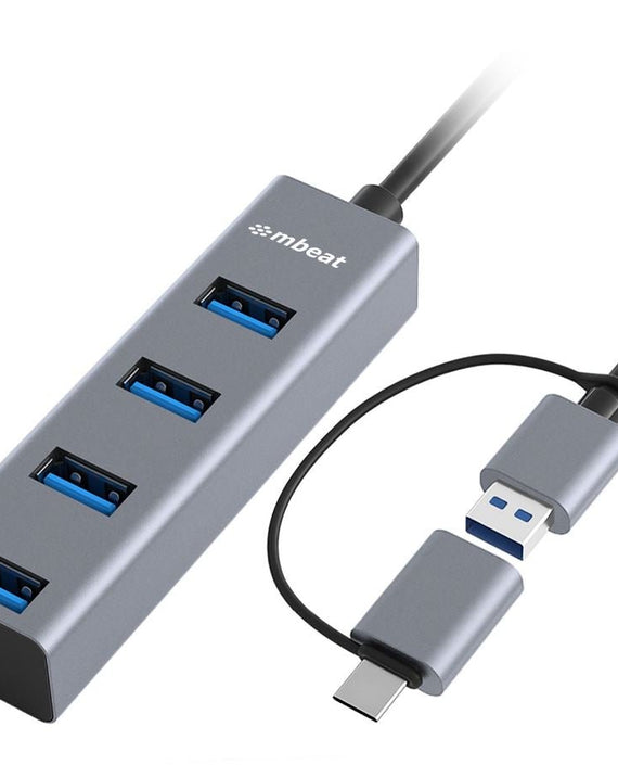 mbeat® 4-Port USB 3.0 Hub with 2-in-1 USB 3.0 & USB-C Converter - Space Grey transfer speeds up to 5Gbps Material: Aluminium Weight: 48g - Leader Electronics