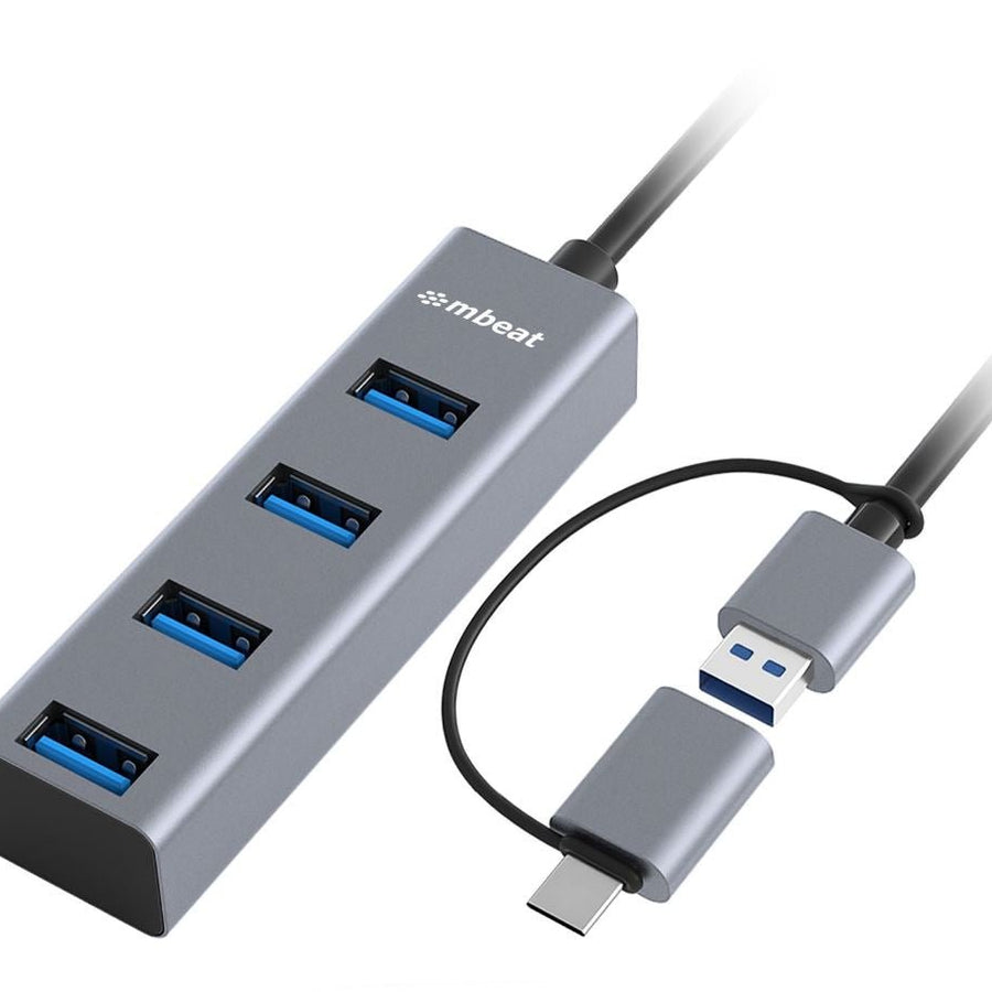 mbeat® 4-Port USB 3.0 Hub with 2-in-1 USB 3.0 & USB-C Converter - Space Grey transfer speeds up to 5Gbps Material: Aluminium Weight: 48g - Leader Electronics