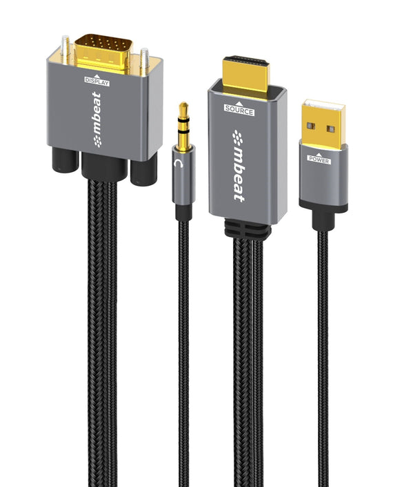 mbeat® Tough Link 1.8m HDMI to VGA Cable with USB Power & 3.5mm Audio Up to 1080p@60Hz (1920×1080) HDMI (Male)×1; USB-A (Connect to Power)×1 - Leader Electronics