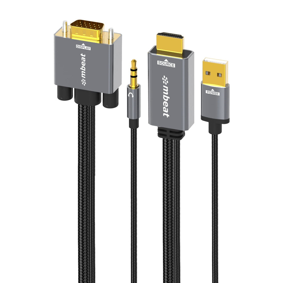 mbeat® Tough Link 1.8m HDMI to VGA Cable with USB Power & 3.5mm Audio Up to 1080p@60Hz (1920×1080) HDMI (Male)×1; USB-A (Connect to Power)×1 - Leader Electronics