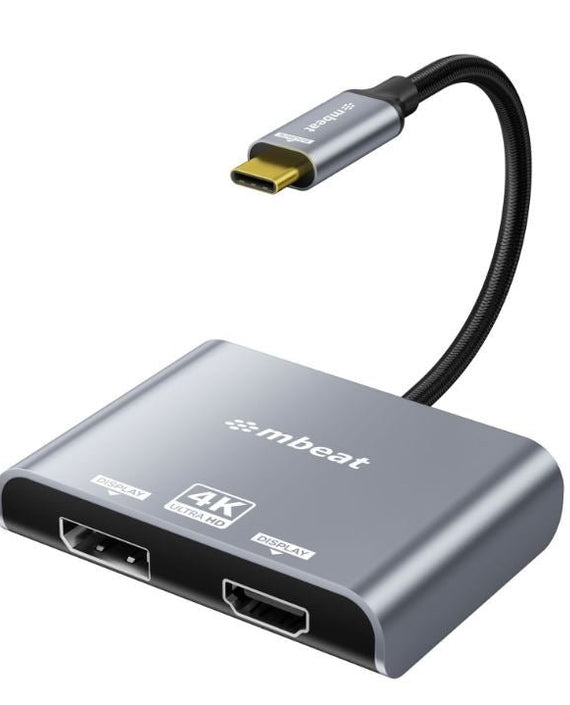 mbeat® Tough Link USB-C to DP&HDMI Dual 4K/60Hz MST Adapter 4K (3840x2160) @ 60Hz, 4K (3840x2160) @ 30Hz, 2K (2560x1440) @ 60Hz - Space Grey - Leader Electronics