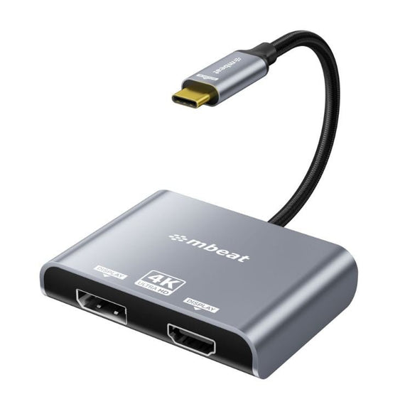 mbeat® Tough Link USB-C to DP&HDMI Dual 4K/60Hz MST Adapter 4K (3840x2160) @ 60Hz, 4K (3840x2160) @ 30Hz, 2K (2560x1440) @ 60Hz - Space Grey - Leader Electronics