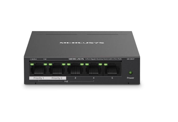Mercusys MS105GP 5-Port Gigabit Desktop Switch with 4-Port PoE+, 10/100/1000 Mbps RJ45 ports, Up to 250 m - Leader Electronics
