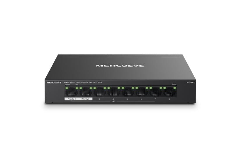 Mercusys MS108GP 8-Port Gigabit Desktop Switch with 7-Port PoE+, Up to 250 m - Leader Electronics