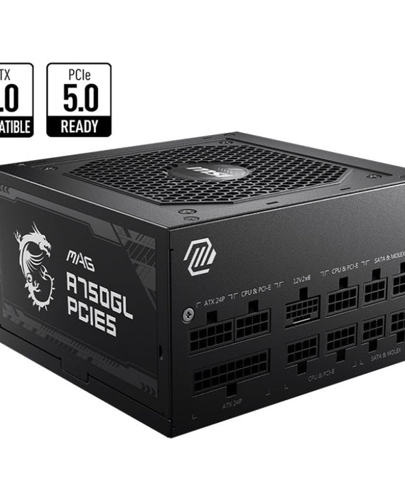 MSI MAG A750GL PCIE5 750W Up to 90% (80 Plus Gold) ATX Power Supply Unit, PFC, 100~240 VAC, 750W, 47-63Hz, PCI-E, SATA, FDD - Leader Electronics