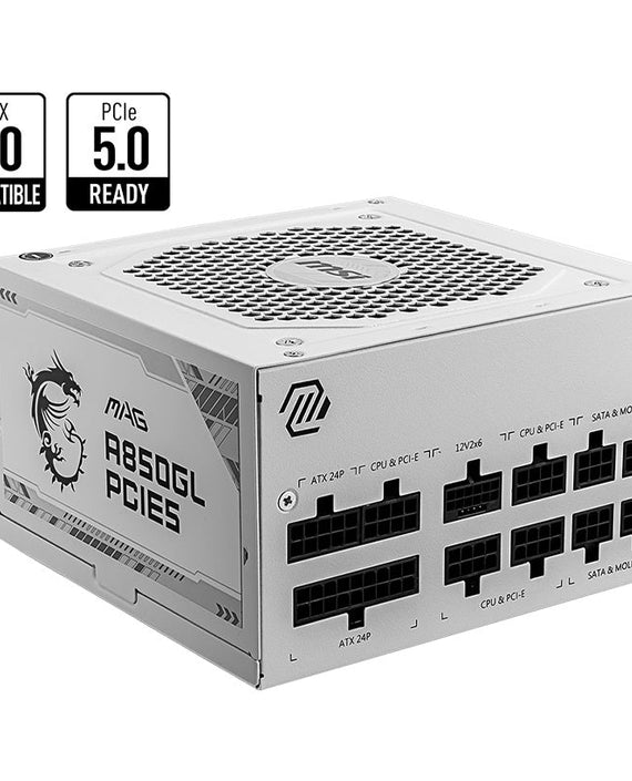 MSI MAG A850GL PCIE5 WHITE 850W Up to 90% (80 Plus Gold) ATX Power Supply Unit, PFC, 100~240 VAC, 850W, 47-63Hz, PCI-E, SATA, FDD - Leader Electronics