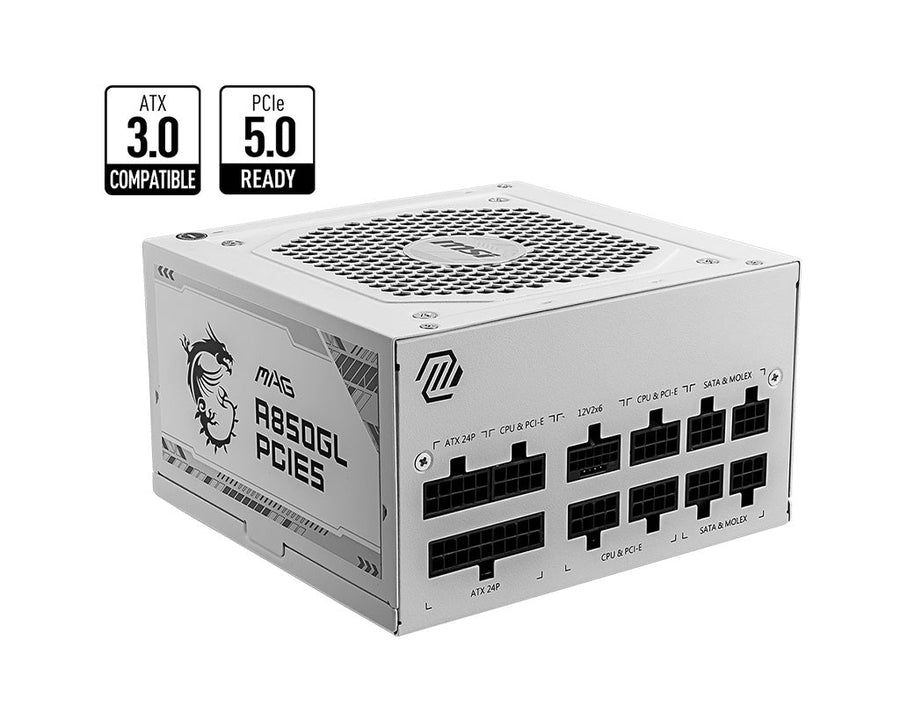 MSI MAG A850GL PCIE5 WHITE 850W Up to 90% (80 Plus Gold) ATX Power Supply Unit, PFC, 100~240 VAC, 850W, 47-63Hz, PCI-E, SATA, FDD - Leader Electronics