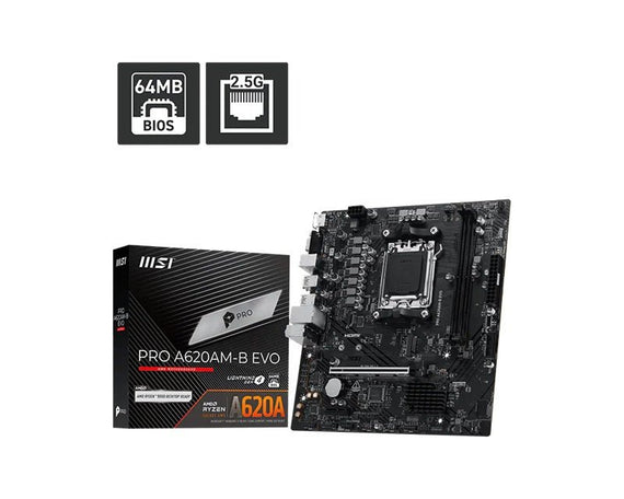 MSI PRO A620AM-B EVO ATX Motherboard, AM5, AMD A620A, 2xDDR5 128GB, PCIe4.0 x16, 1xM.2, 2xSATA, HDMI/VGA, 2.5G LAN, ATX - Leader Electronics