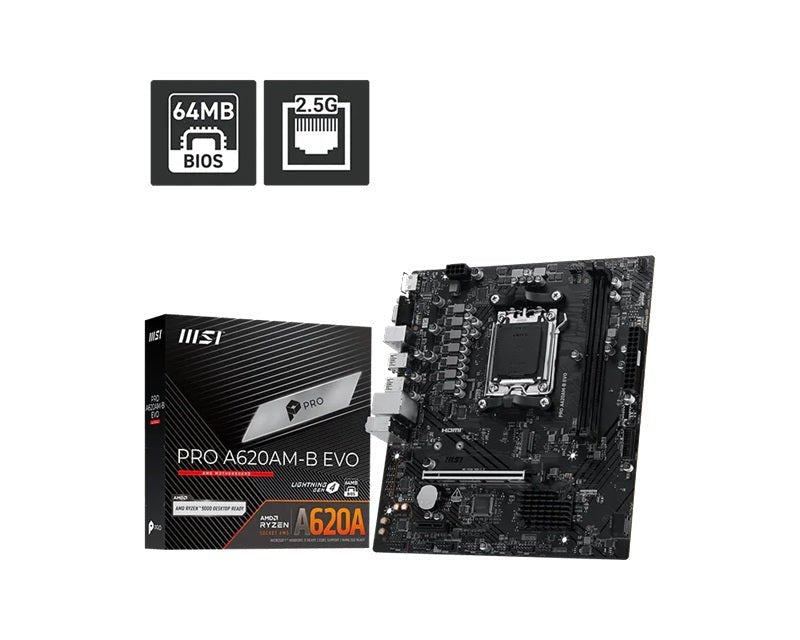 MSI PRO A620AM-B EVO ATX Motherboard, AM5, AMD A620A, 2xDDR5 128GB, PCIe4.0 x16, 1xM.2, 2xSATA, HDMI/VGA, 2.5G LAN, ATX - Leader Electronics