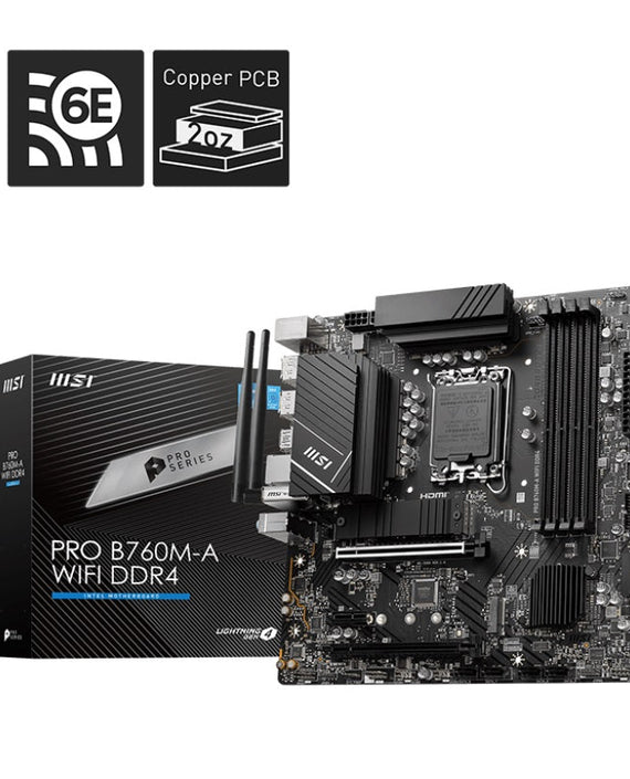 MSI PRO B760M-A WIFI DDR4 mATX Motherboard, 4x DDR4~128GB, 2x PCI-E x 16, 1x PCI-E x 1, 2x M.2, 4x SATA, 4x USB 3.2 , 2x USB 2.0 - Leader Electronics