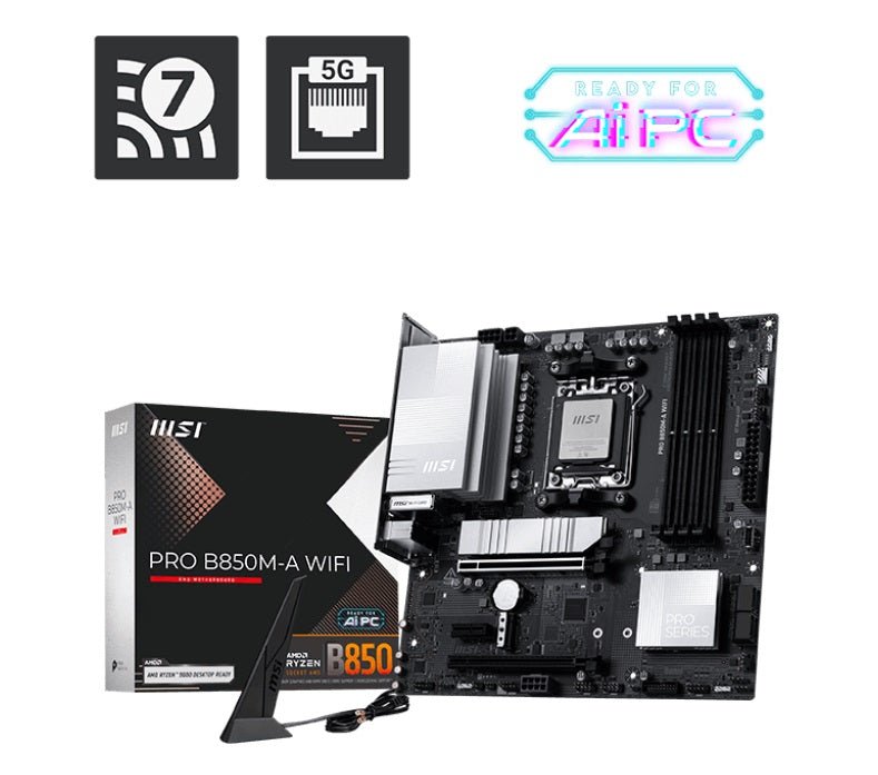 MSI PRO B850M-A WIFI, AM5, 4x DDR5 256GB, 1x HDMI, 1x PCI-E x16 slot, 3x M.2,4x USB2.0, 3x USB C, Wi-Fi 7 - Leader Electronics