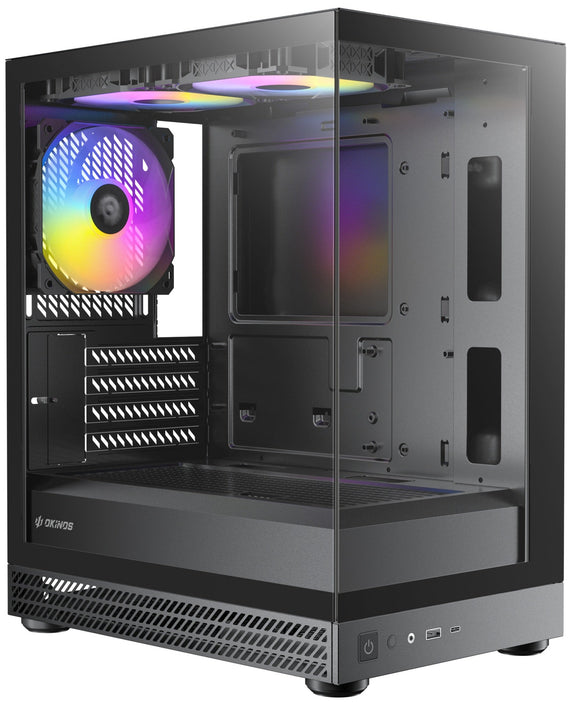 OKINOS AQUA UNO - BLACK, Mini Tower, Micro-ATX/ITX, tempered glass, 3×120mm ARGB fans, USB 3.0 + Type-C, ≤309mm GPU, ≤165mm CPU cooler, steel - Leader Electronics