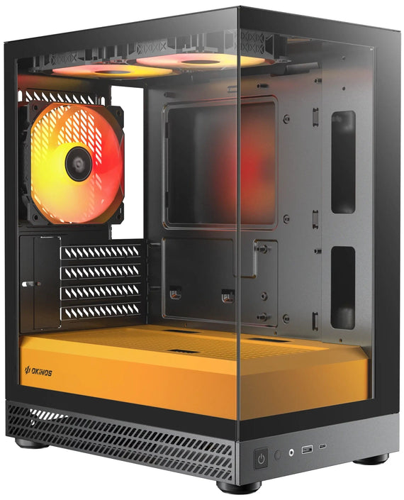 OKINOS AQUA UNO CANARY, Mini Tower, Micro-ATX/ITX, tempered glass, 3×120mm ARGB fans, USB 3.0 + Type-C, ≤309mm GPU, ≤165mm CPU cooler, steel - Leader Electronics