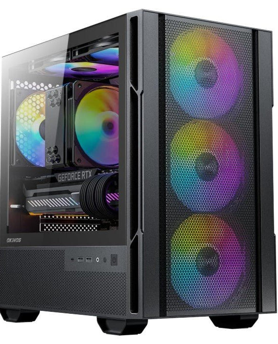 OKINOS Cypres 3 ARGB Micro ATX Case, 4 × 120mm ARGB Non-PWM Case Fans Pre-Installed, MATX PC Case, Temper Glass Side Panel, with Type-C, Black - Leader Electronics