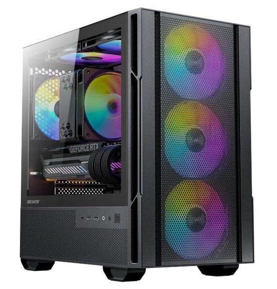 OKINOS Cypres 3 ARGB Micro ATX Case, 4 × 120mm ARGB Non-PWM Case Fans Pre-Installed, MATX PC Case, Temper Glass Side Panel, with Type-C, Black - Leader Electronics