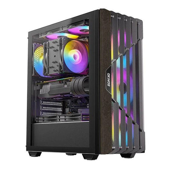 OKINOS Cypress P5 ARGB Oak Wood Trim ATX, 4x120mm ARGB Non-PWM Fans Pre-Installed,Type-C,Tempered Glass Side Panel,Black Mid-Tower Case - Leader Electronics