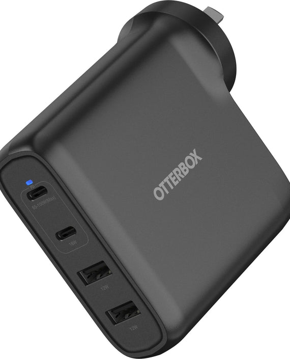 OtterBox 100W Four Port USB-C (Type I) PD Fast GaN Wall Charger - Black (78-81355), Dual USB-C (100W+18W), Dual USB-A (12W), 2 Years Warranty - Leader Electronics