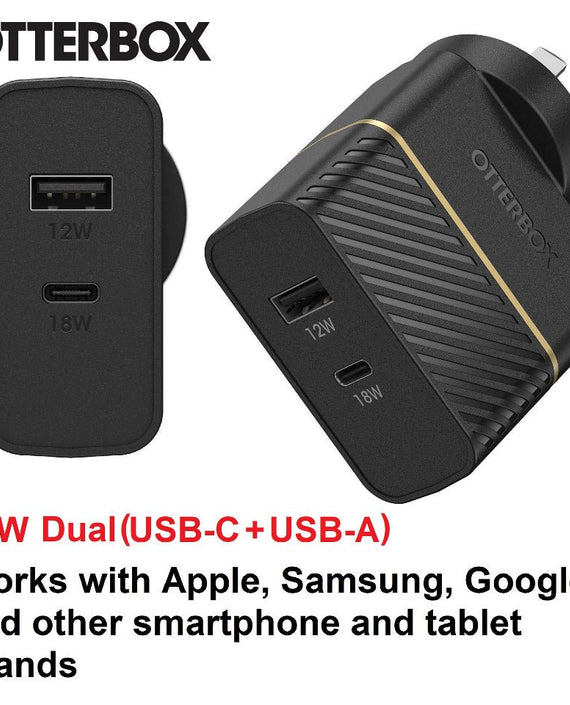 OtterBox 30W Dual Port Premium PD Fast Wall Charger - Black (78-80029), (USB-C 18W & USB-A 12), Drop Tested, Safe & Smart Charging, 2 Years Warranty - Leader Electronics