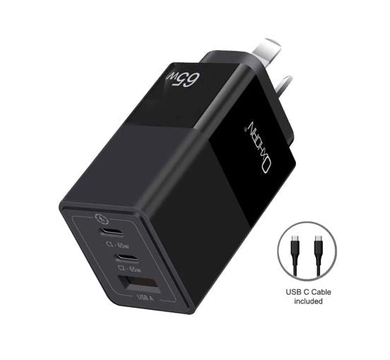 Oxhorn 65W GaN Type C fast Charger 3 Port 2xUSB-C 1xUSB-A PD3.0 QC4.0 PPS AUS Approved C-tick Black with cable - Leader Electronics