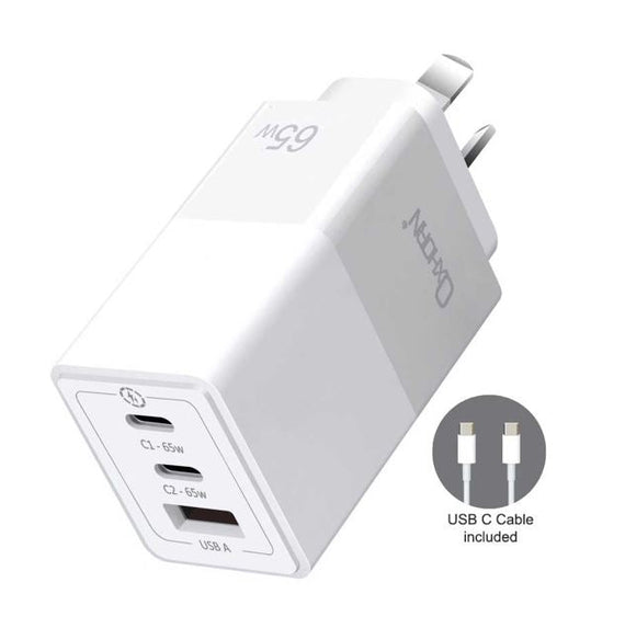 Oxhorn 65W GaN Type C fast Charger 3 Port 2xUSB-C 1xUSB-A PD3.0 QC4.0 PPS AUS Approved C-tick White with cable - Leader Electronics