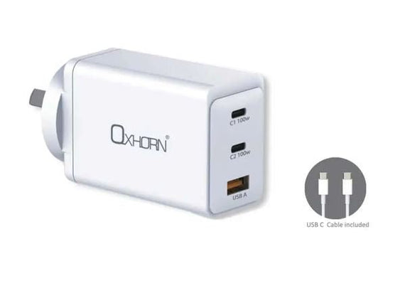 Oxhorn Charger Accessories AC 100W GaN Type C fast Charger 3 Ports 2xUSB-C 1xUSB-A PD3.0 QC4.0+ PPS for Laptop/Mobile/Tablet/Other Device White - Leader Electronics