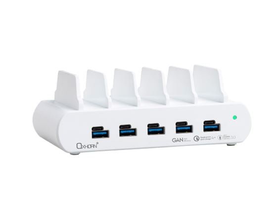 Oxhorn PoverDelivery150W 5 Port (A+C) Fast Charging Dock with build-in rack5 Port USB-A USB-C PD3.0 QC4.0 PPS 100-240V AC input White - Leader Electronics