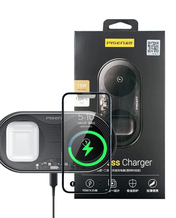 Pisen 2-in-1 Wireless Charging Station- XY-C18/Black,Supports Qi-2 Outputs (15W) ,Supports Universal Type-C,Multi-Protection System, 2 Years Warranty - Leader Electronics