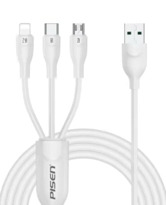 Pisen 3-in-1 USB-A to Lightning + USB-C + Micro-USB Cable (1.2M) White - 6A Superfast, Samsung Galaxy,Apple iPhone,iPad,MacBook,Google,OPPO,Nokia - Leader Electronics