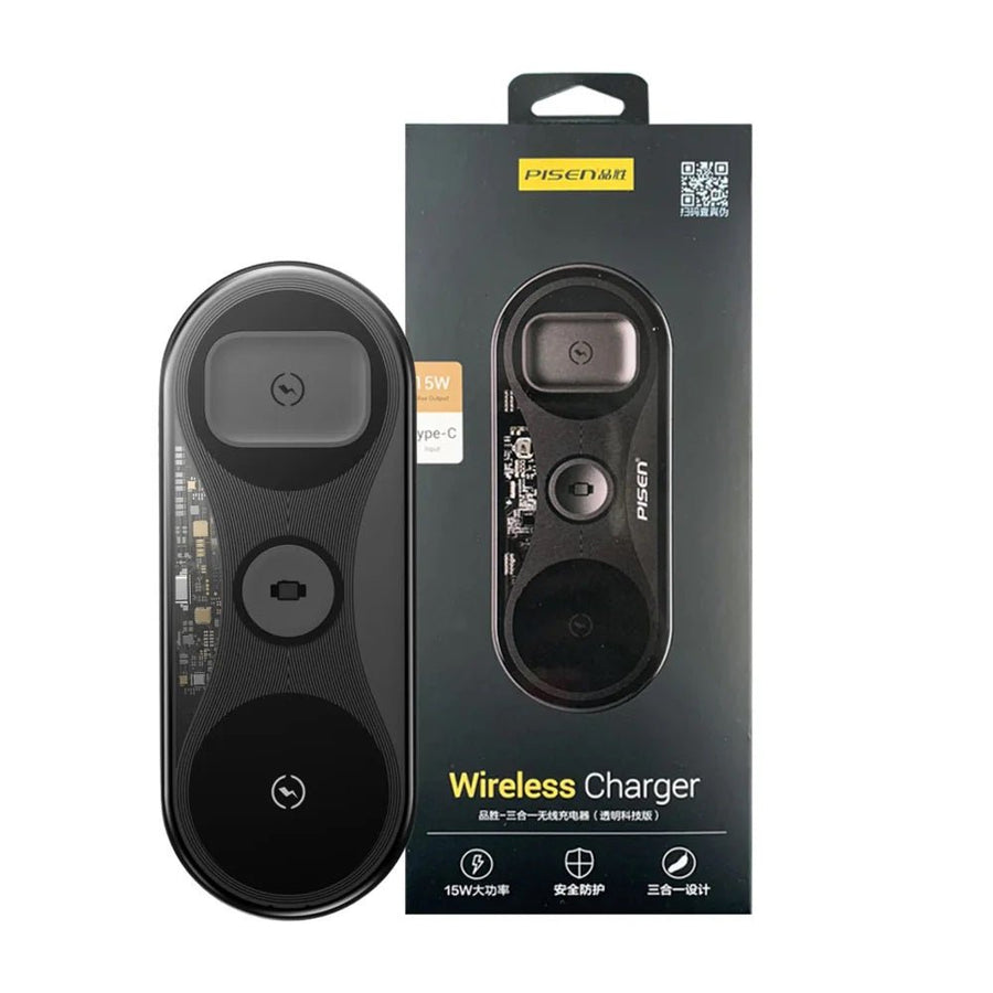 Pisen 3-in-1 Wireless Charging Station - Black, Supports Qi-2 Outputs (15W) , Supports Universal Type-C, Multi-Protection System, 2 Years Warranty - Leader Electronics