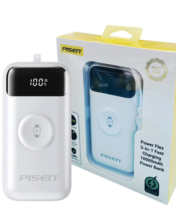 Pisen Flex 22.5W CCC-Certified 10K (10000mAh) Power Bank + Integrated Cable (Lightning + USB-C) + Watch Wireles Charging - White, 2 Year Warranty - Leader Electronics