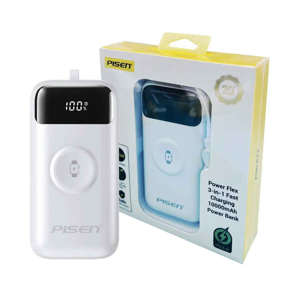 Pisen Flex 22.5W CCC-Certified 10K (10000mAh) Power Bank + Integrated Cable (Lightning + USB-C) + Watch Wireles Charging - White, 2 Year Warranty - Leader Electronics