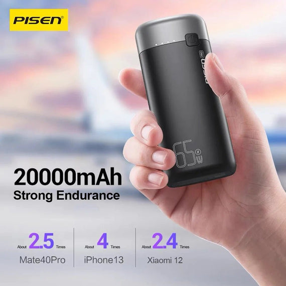 Pisen Pro 65W 20K (20000mAh) Laptop Power Bank (3 Port) + USB-C to USB-C Cable (50cm) - Black, 1x USB-C, 2x USB-A, Digital Display, 2 Years Warranty - Leader Electronics