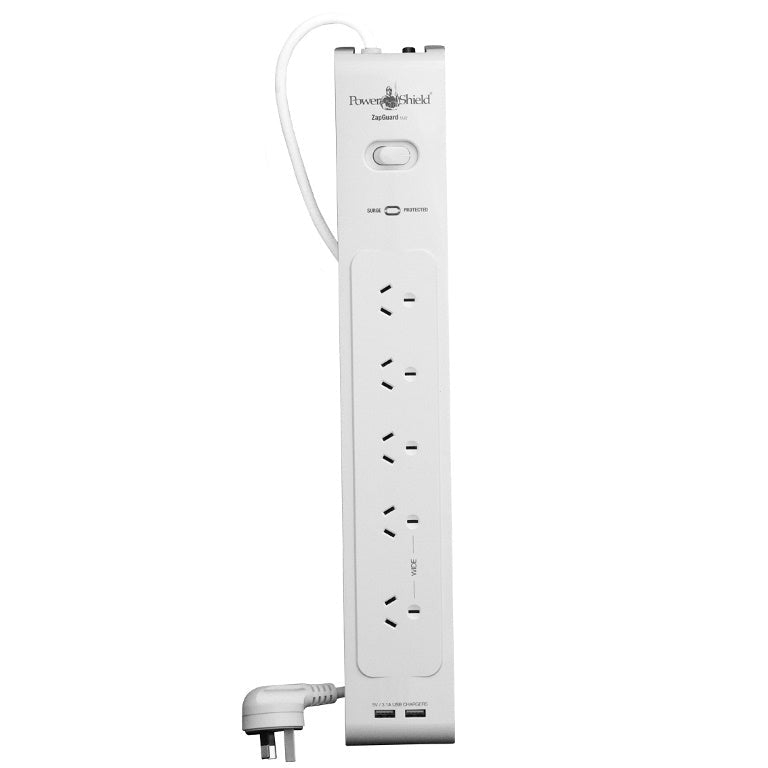 PowerShield PSZ5U2 ZapGuard 5 Way Power Surge Filter Board, 2 x USB Connectors, Wide Spaced Sockets, Wall Mountable, $40,000 Connected Equipment - Leader Electronics