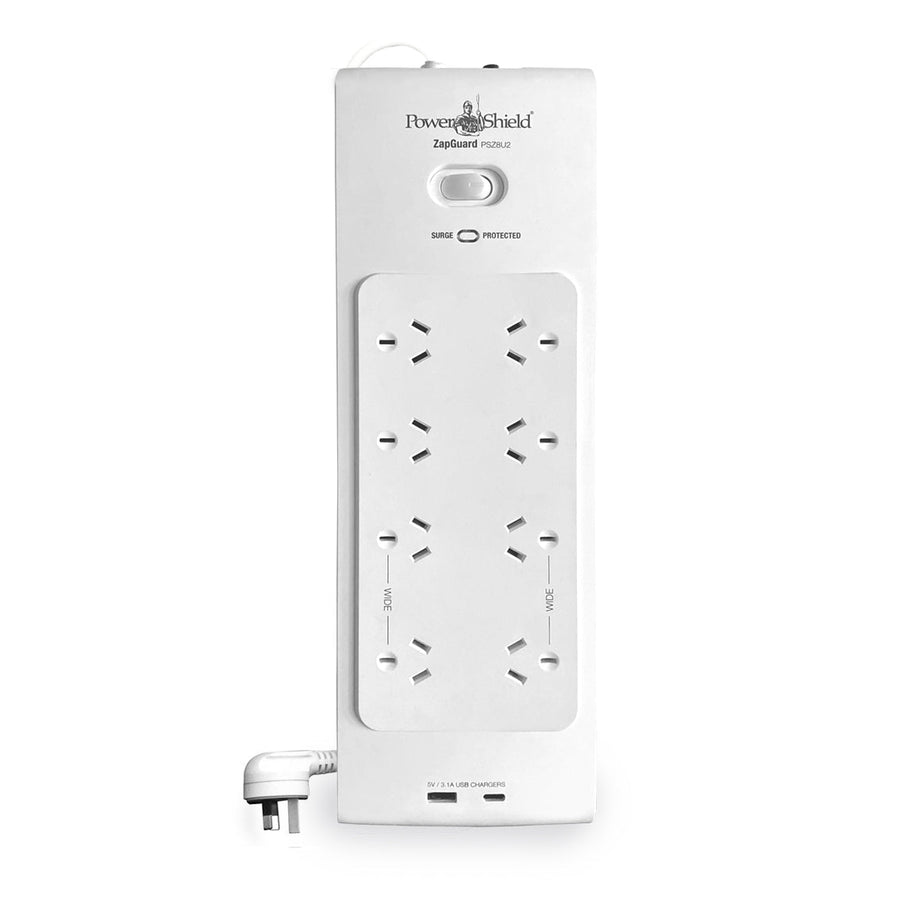 PowerShield PSZ8U2 ZapGuard 8 Way Power Surge Filter Board, USB A / C Connectors, Wide Spaced Sockets, Wall Mountable, $60,000 Connected Equipment - Leader Electronics