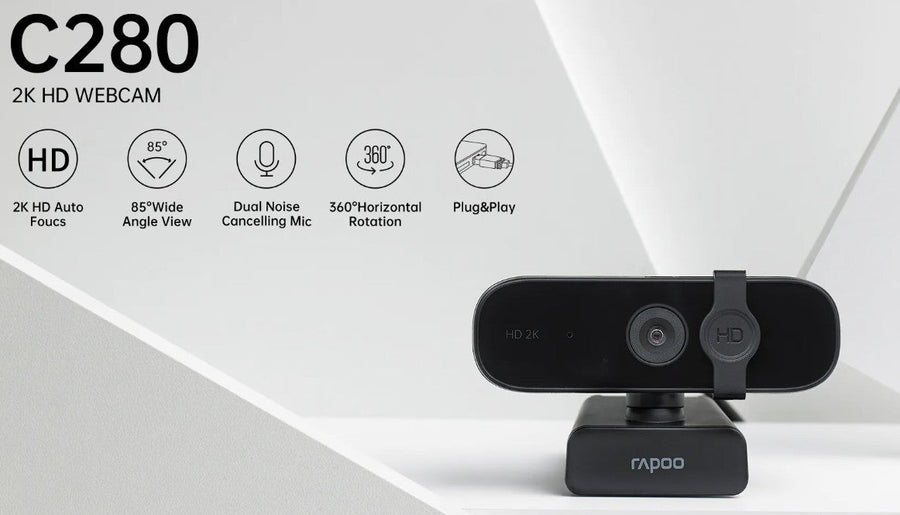 RAPOO C280 2K Webcam - Wide Angle Lens, Noise Canceling Mic, Plug & Play, Teams, Google Meet, Zoom, Does Not Support Windows Hello - Leader Electronics