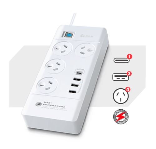 Sansai 4 Outlet 3xUSB-A & 1xUSB-C Powerboard Master On/Off switch Surge and overload protected Fast charging 1M 20W 220-240V 10A IV Retail box - Leader Electronics