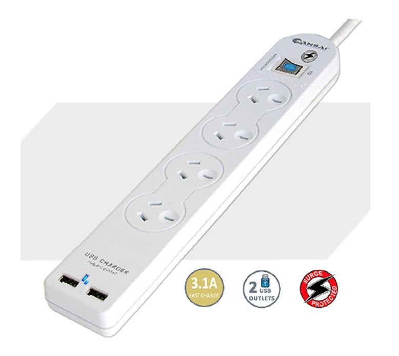 Sansai 4 Way Basic Powerboard USB Ax2 4 Outlets Master Switch Surge and overload protection1M Length - Leader Electronics