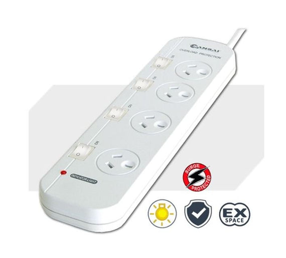 Sansai 4-Way Power Board (421SW) with Individual Switches and Surge Protection 2 Extra Spaced Sockets Indicator Light 100CM Lead 240VAC 50Hz 10A - Leader Electronics