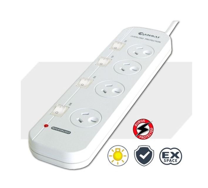 Sansai 4-Way Power Board (421SW) with Individual Switches and Surge Protection 2 Extra Spaced Sockets Indicator Light 100CM Lead 240VAC 50Hz 10A - Leader Electronics