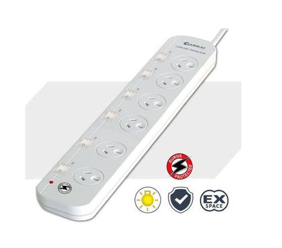Sansai 6-Way Power Board (661SW) with Individual Switches and Surge Protection Overload Protected Reset button Indicator Light 100CM Lead 240VAC 10A - Leader Electronics