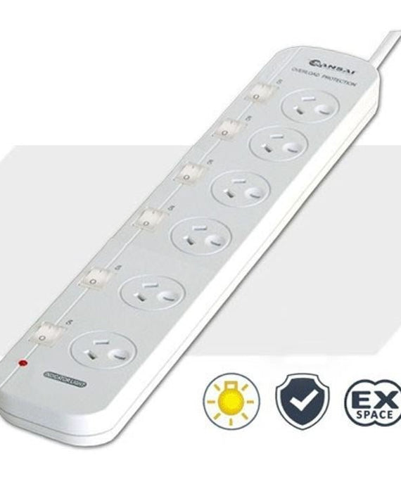 Sansai 6 Way Powerboard 6 Outlet 10A 240V Individually Switched 3 extra spaced sockets 1M Length - Leader Electronics