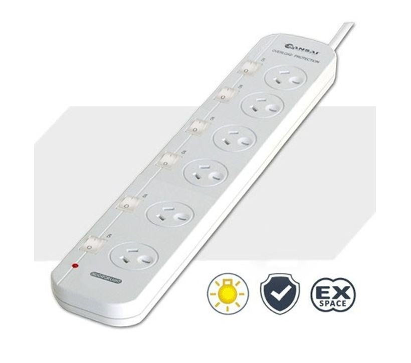 Sansai 6 Way Powerboard 6 Outlet 10A 240V Individually Switched 3 extra spaced sockets 1M Length - Leader Electronics